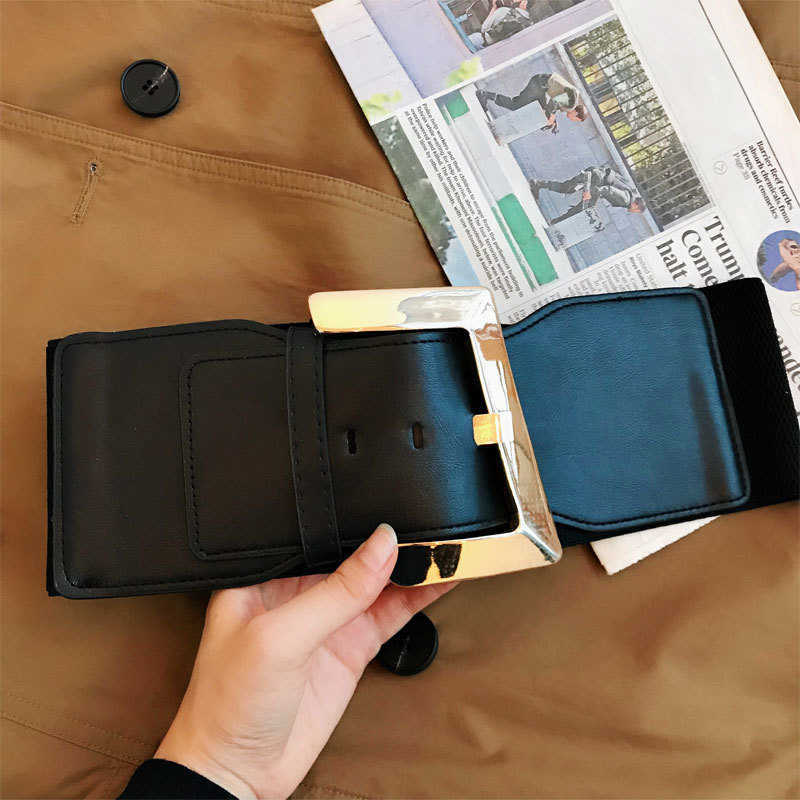 Width 9cm Black Faux Leather Wide Waist Belt Women Fashion Pu Elastic Waistband Corset Belts For Coats High Waist Belt