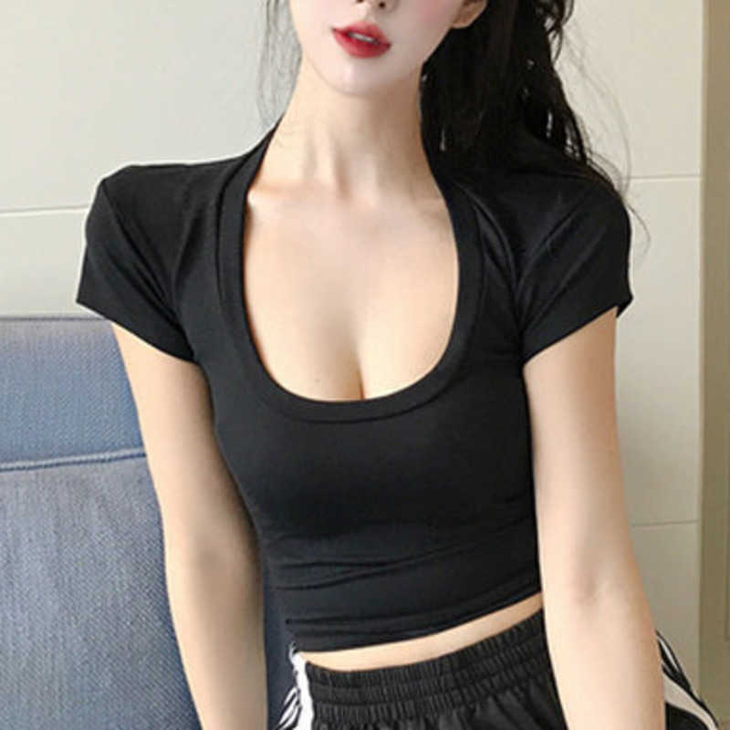 Square Neck Short Sleeve T Shirt Women's Summer Top Navel High Waist Tops Sexy Slim White Women Tshirt Korea Q8EC 210603