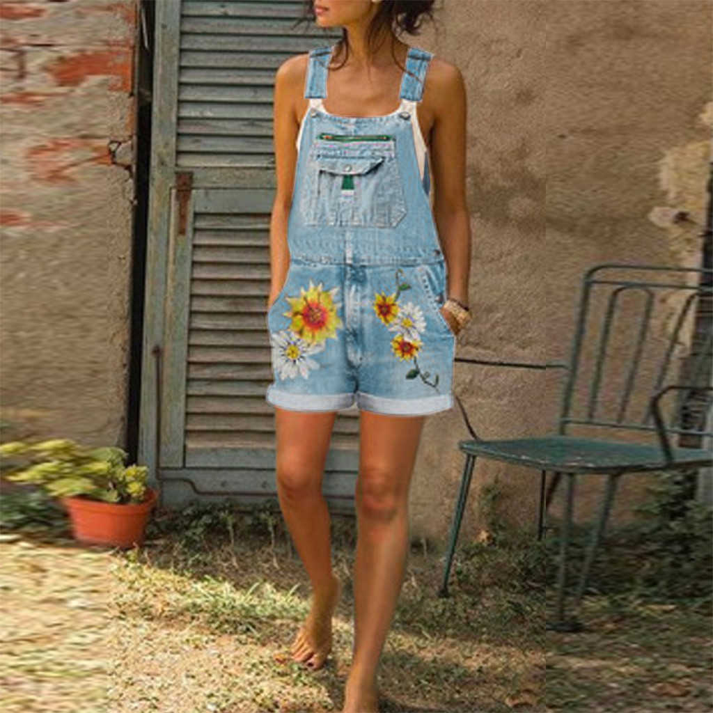 Women Denim Playsuit Sunflower Print High Waist Overalls Summer Fashion Casual Ladies Pocket Plus Size Jeans Shorts 210809