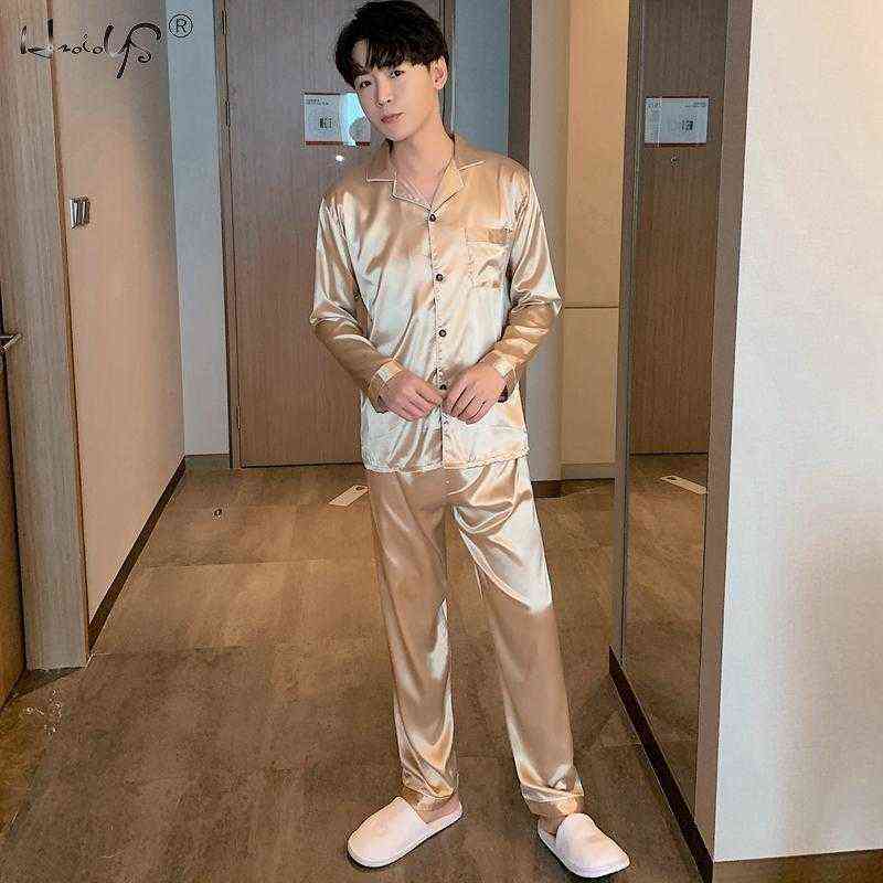 Men Loungewear Pyjamas Set for Men Nightwear Long Sleeve Sleep Tops Trousers Satin Silk Pajamas Men Sleepwear Set Pijama Set 211110