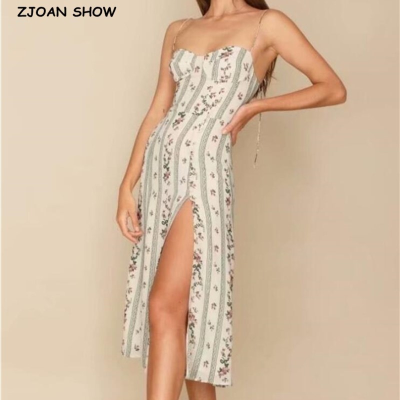 French Summer Striped Flower Print Bandage Spaghetti Strap Slit Long Dress Retro Sexy Women Lacing Up Sling Dresses Vestido 210429