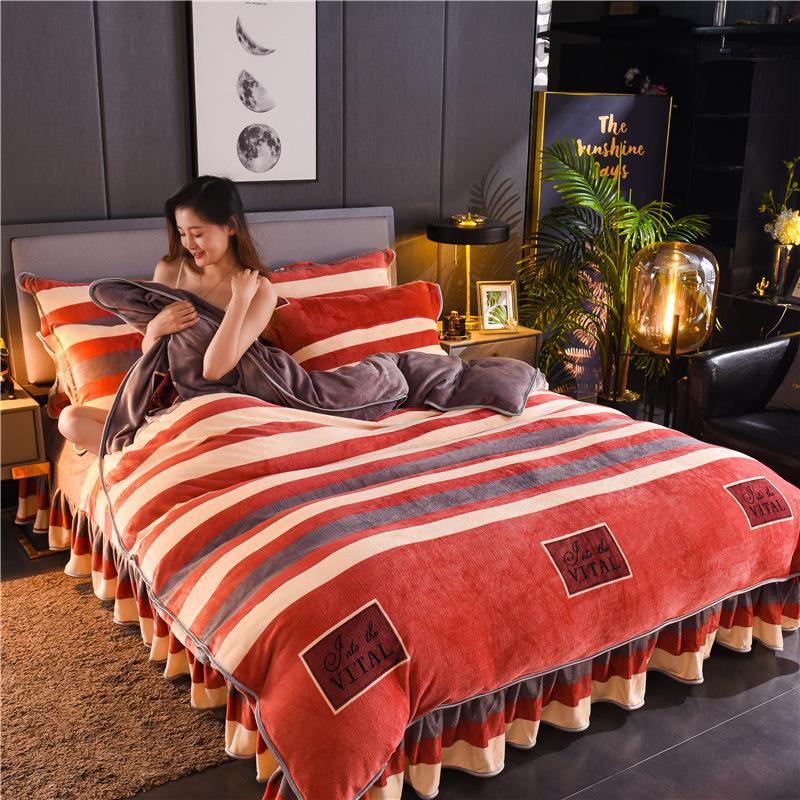 Milk Gold Velvet Four-piece Set Of Falle Coral Bed Dress Double-sided Falete Linen Bedding Sets