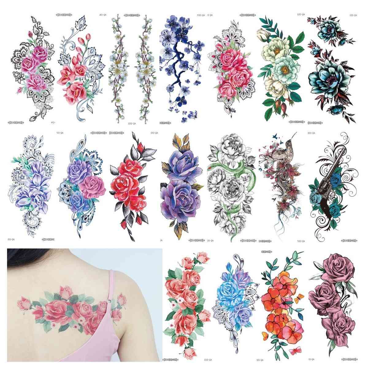 

Watercolor Flowers Temporary Tattoos Stickers Colorful Roses Full Arm Art Big Large Fake Tattoo Sticker Women Body Paint