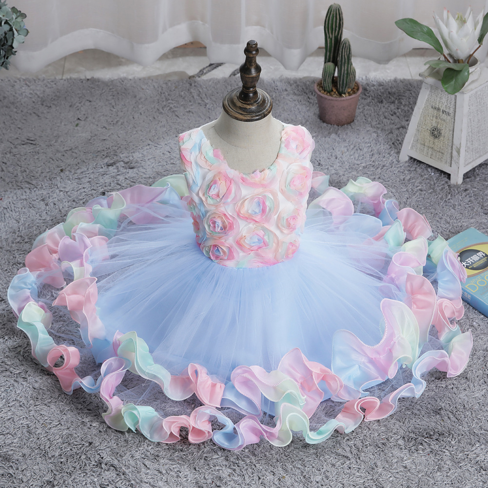 Vintage Flower Girls' Dresses Graduation Light Blue Clothes Kids Formal Wear With Lace 3D Rose Flowers Tutu A-line Tea-Length In Stock Birthday P