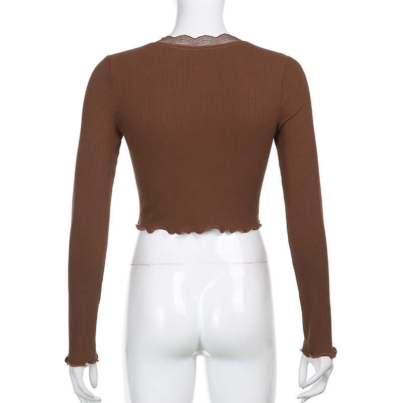 women's deep V-neck lace jacket, brown long sleeve T-shirt, Y2K fashion Raja at the bottom, retro aesthetic jacket in 1990s 210602