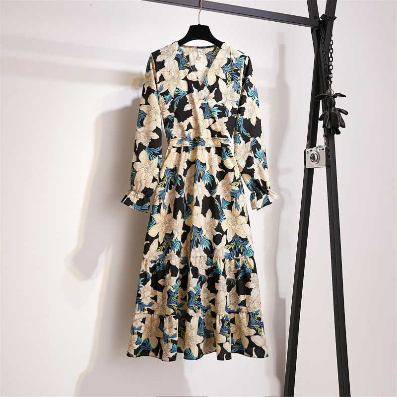 V-Neck Printed Floral Dress Women Elegant Party Beach Korean Ladies A Line Vestidos Spring Autumn 210601