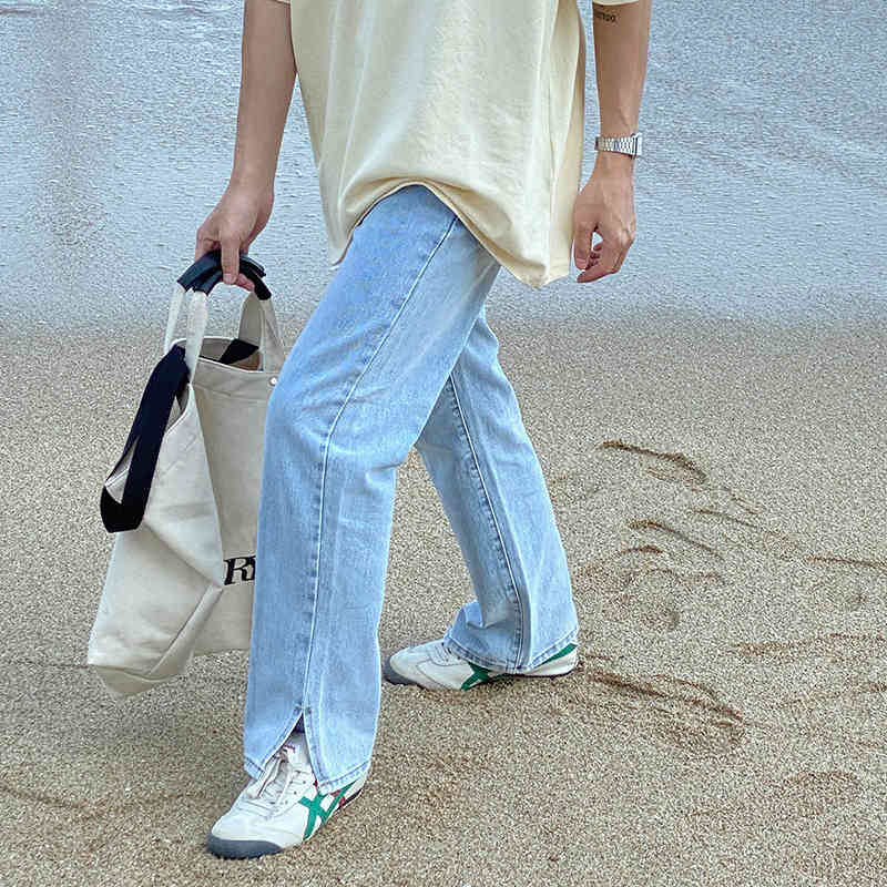 IEFB Summer Thin Split Bottom Blue Jeans Korean High Waist Slim Straight Leg Drop Feeling Floor Long Pants Denim 9Y7407 210524