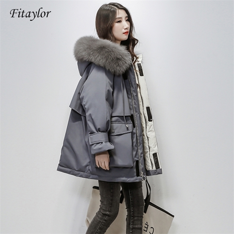 Fi Large Natural Fur Hooded Winter Jacket Women 90% White Duck Down Thick Parkas Warm Sash Tie Up Snow Coat 210819