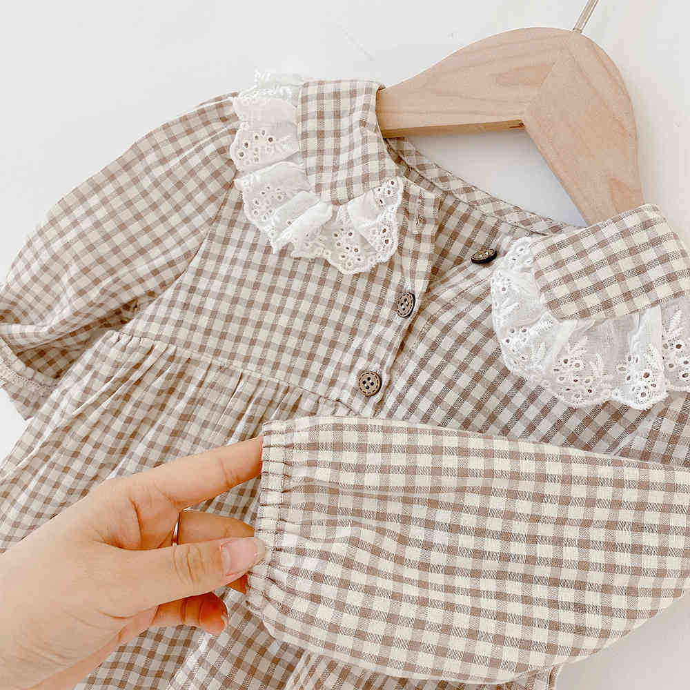 Gril long-sleeved plaid Bodysuits baby doll collar princess One-Pieces climbing clothes girl 210515