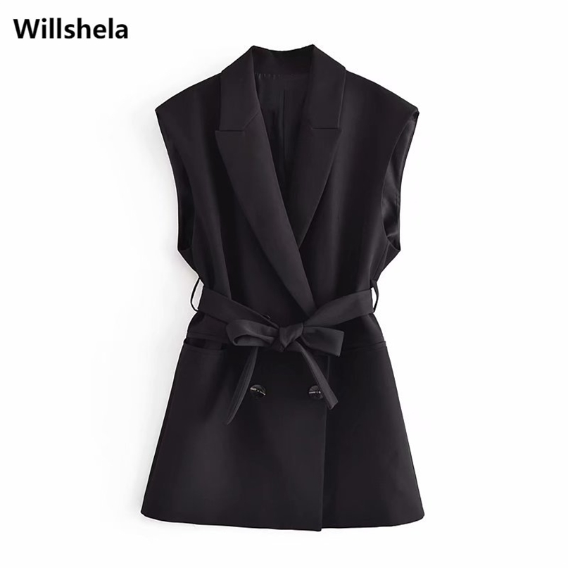 Elegant Women Sleeveless Blazer with Belt Fashion Office Lady Coat Chic Woman Jacket Vest Suit veste femme 211122