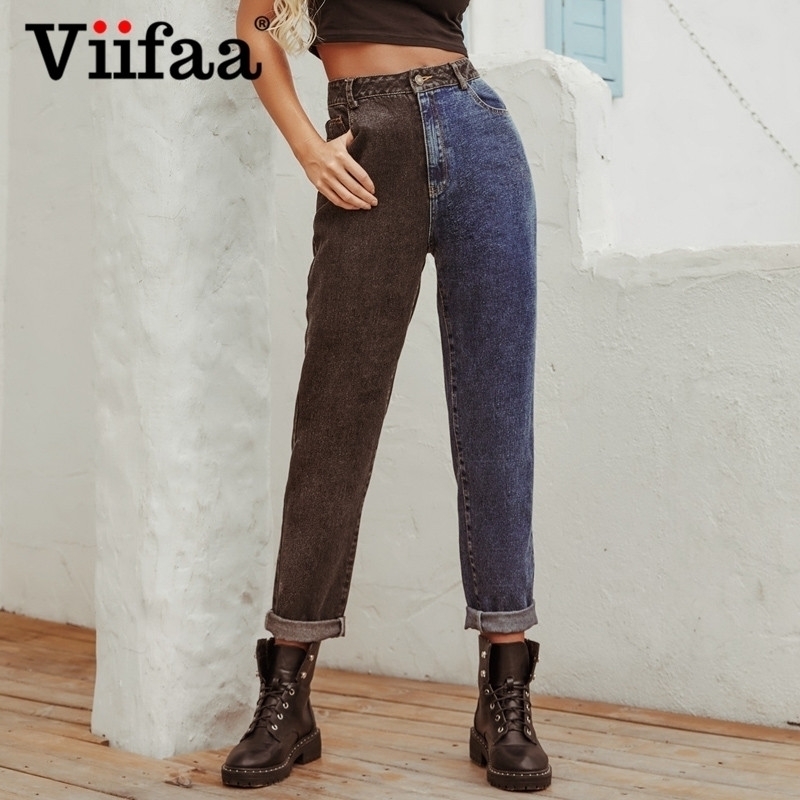 Viifaa Black and Blue Two Tone High Waist Denim Jeans for Women Zipper Fly Casual Ladies Straight Jeans 210616