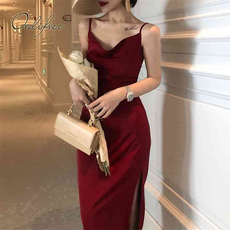 Ordifree Summer Vintage Women Satin Slip Dress Spaghetti Strap Side Slit Black Burgundy Silk Sexy Long Party Dress 210409