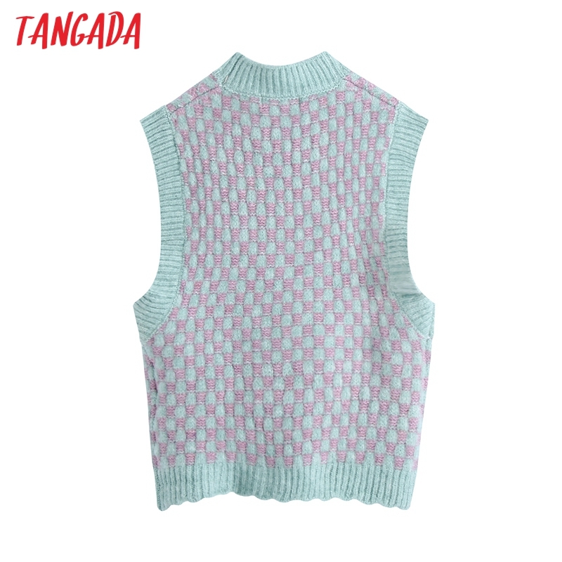 Women Fashion Plaid Pattern O Neck Knitted Vest Sweater Vintage Sleeveless Female Waistcoat Chic Tops BE478 210416