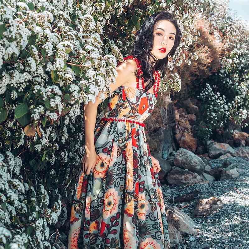 Elengant Flower Print High Waist Spaghetti Midi Dress Party Holiday Style Tassel A-line Long Dresses Vestidos 210421