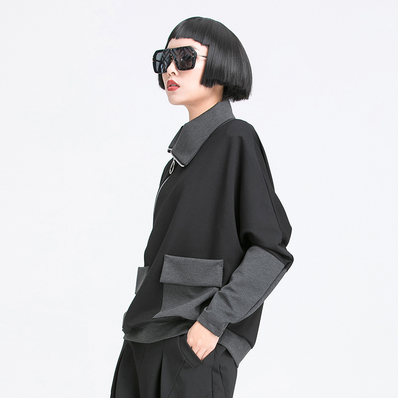 EAM Women Zipper Irregular Split Joint Pocket Big Size Tshirt Lapel Long Sleeve Fashion Spring Summer 1Y769 210406