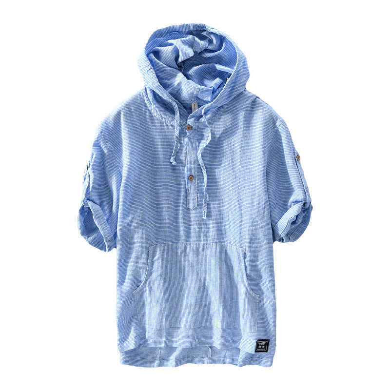 Men Summer Fashion Japan Style High Quality Cotton Linen Short Sleeve Hooded Stripe Casual T-shirts Student Top Male Casual Tee 210707