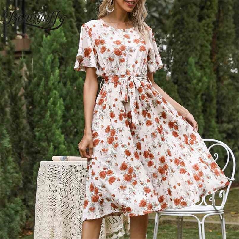Crew Neck Floral Print Belted Midi Dresses Summer Fashion Casual Women Short Sleeve High Waist Pleated Dress 210510