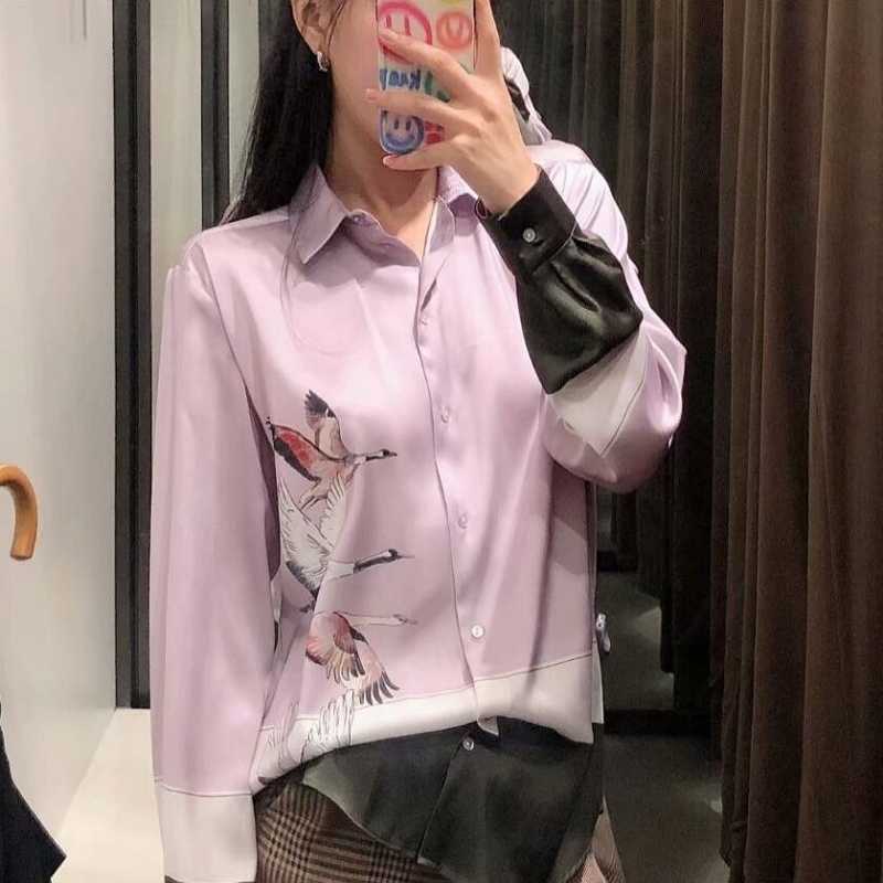 Zevity Women Vintage Crane Print Color Match Casual Smock Blouse Office Lady Turn Down Collar Shirts Chic Blusas Tops LS7270 210603