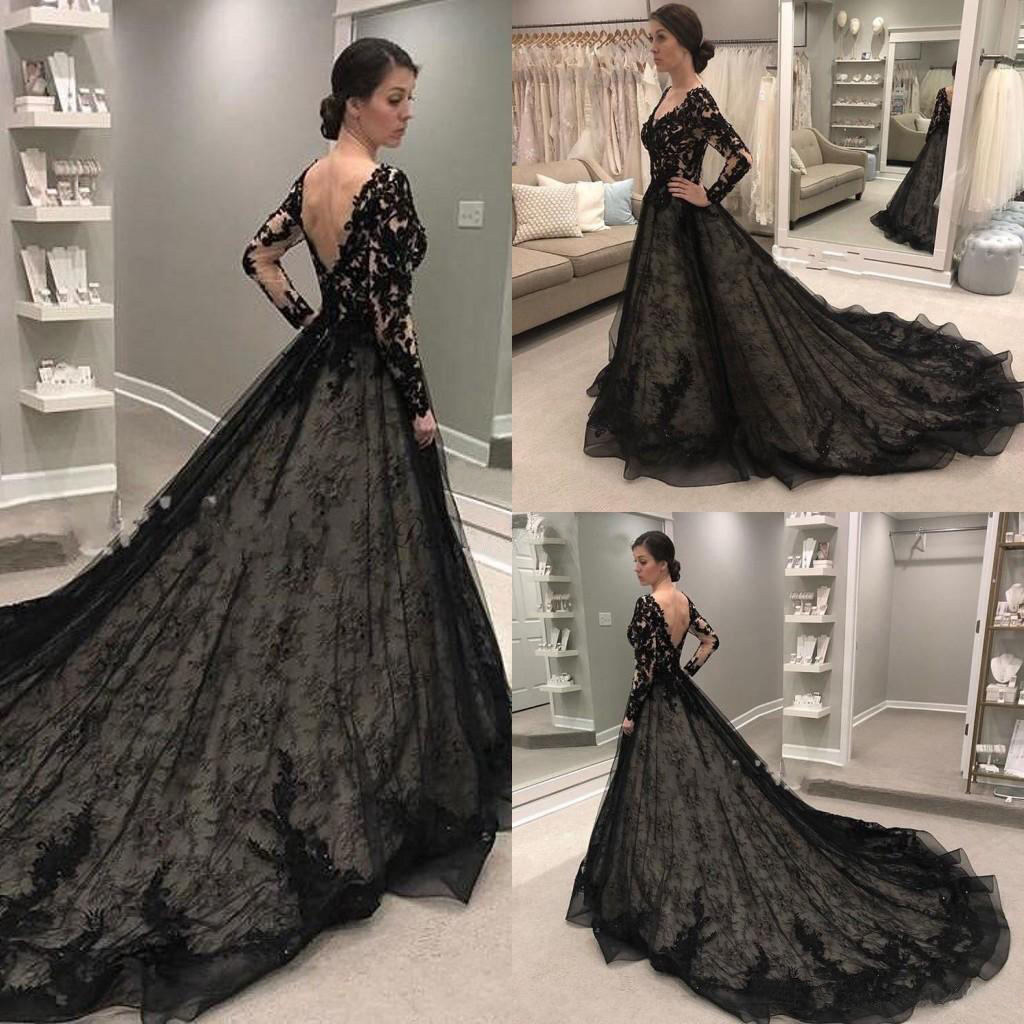 Elegant Black Lace Wedding Dress With Long Sleeves V Neck Backless Sweep Train Illusion Bodice Perfect For Garden Country Chapel Gothic Weddings