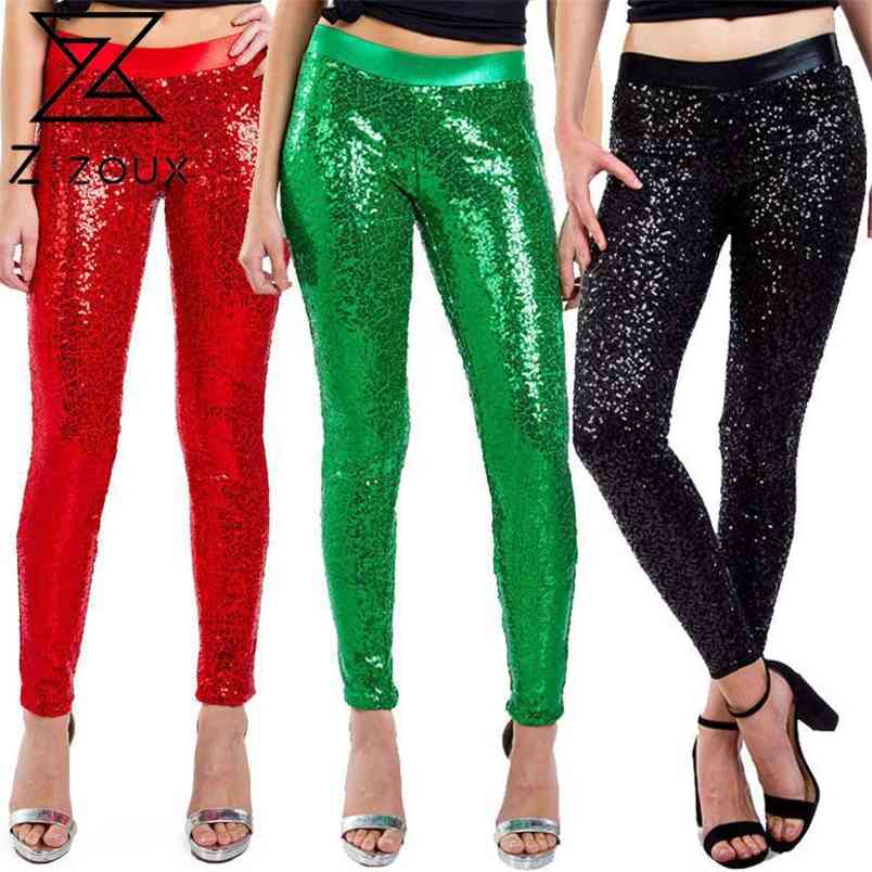 Women Leggings PU Leather Sequins Stitching Fitness Pants High Waist Christmas women's clothing 210513