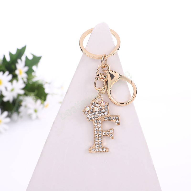 Fashion Shiny Rhinestone Letter Key Rings Gold Color Crown A-Z Initials Keychain Women Bag Hanging Pendant Keyrings