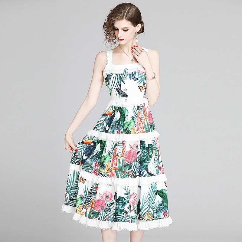 summer dress flower lace ruffles spaghetti strap midi beach party birthday green dreess women robe 210421