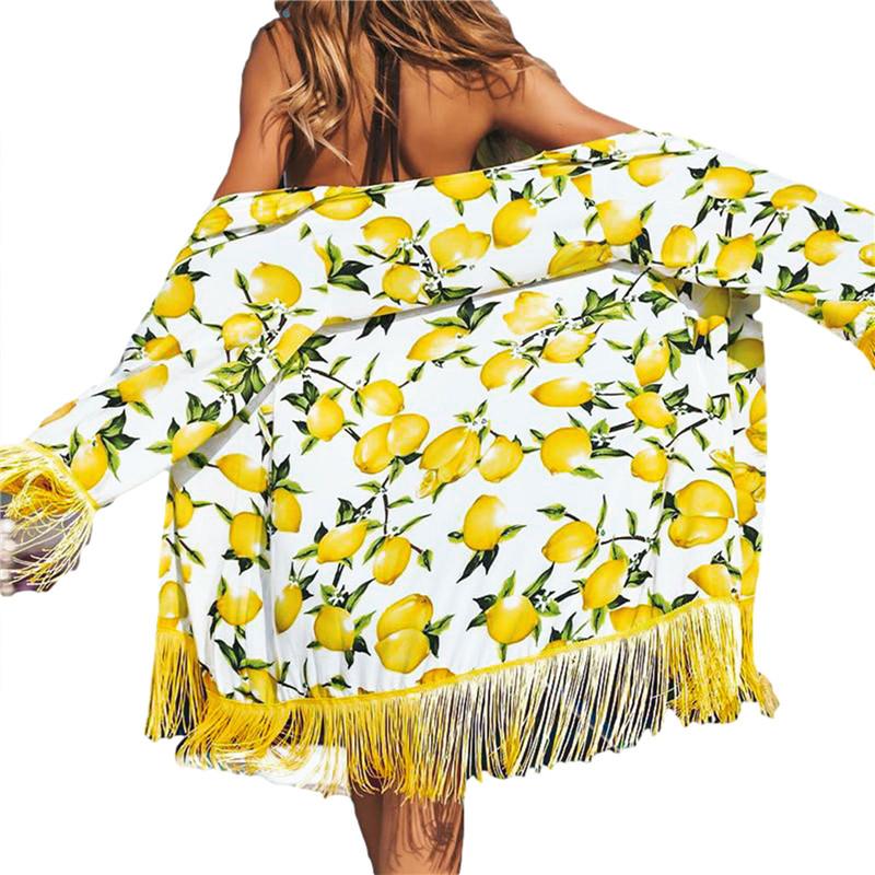 Women Yellow Lemon Printed Beach Cover Up Casual Blouse Swimwear Bikini Ups Swimming Robe With Tassels Women
Women Yellow Lemon Printed Beach Cover Up Casual Blouse Swimwear Bikini Ups Swimming Robe With Tassels Women