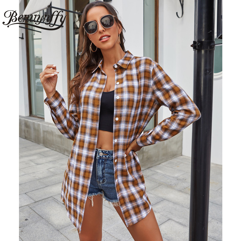 Autumn Winter Women Fashion Long Plaid Shirt Button Up Lapel Sleeve Woman Shirts Outwear Casual Tops Blouses 210510
