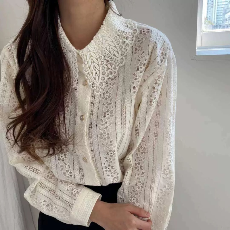 Turn-down Collar Embroidery Lace Women's Blouse Casual Long Sleeve Button Loose Shirt Tops Vintage Elegant Blouses 12722 210512
