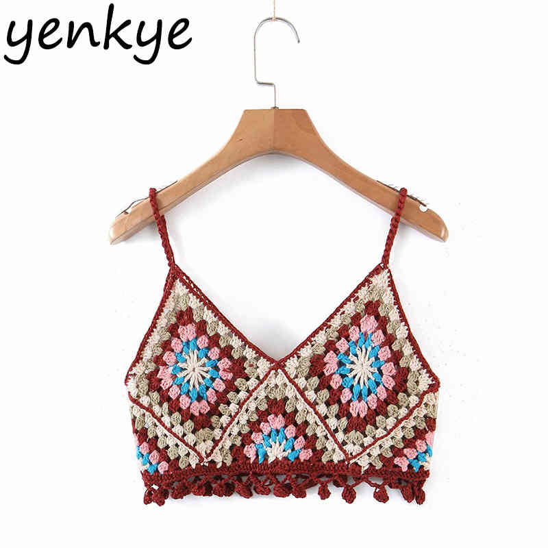 Vintage Ethnic Crochet Cami Top Women V Neck Sleeveless Sexy Tops Ladies Holiday Summer Boho ropa mujer 210430