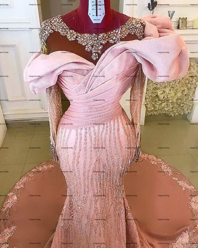 Sheer O-neck Puffy Long Sleeve Wedding Dresses Hot Pink Sparkly Lace Beaded Mermaid African Nigeria Arabic Aso Ebi Bridal Gowns