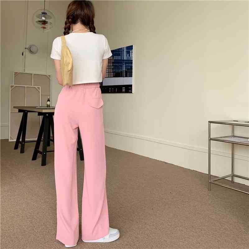 Pants & Capris Korean Solid White Waist Elastic Casual Loose Black Straight Split Wide Leg Pant Mopping Mujer Pantalones Pink 210429
