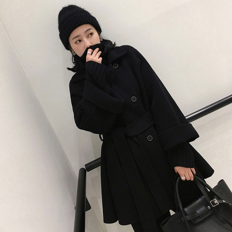 Fashion Solid Women Wool Blend Coat Autumn Winter Long Sleeve Turn-down Collar Outwear Jacket Casual Belt Woolen Coat 210414