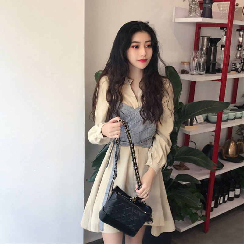 Elegant Casual Mini Dress Women V-Neck Long Sleeve Vintage Plaid Midi Dress Office Lady Chic Dress Korean Autumn 210521