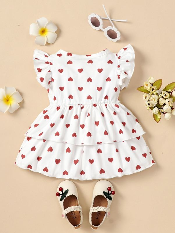 Baby Heart Print Ruffle Sleeve Bow Front Layered Hem Dress SHE