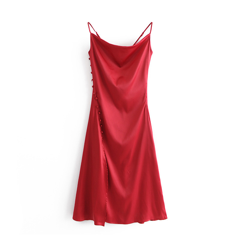 PUWD Vintage Woman V Neck Silk Spaghetti Strap Dress Spring Elegant Ladies Soft Side Slit Long Dresses Female Chic Dress 210524