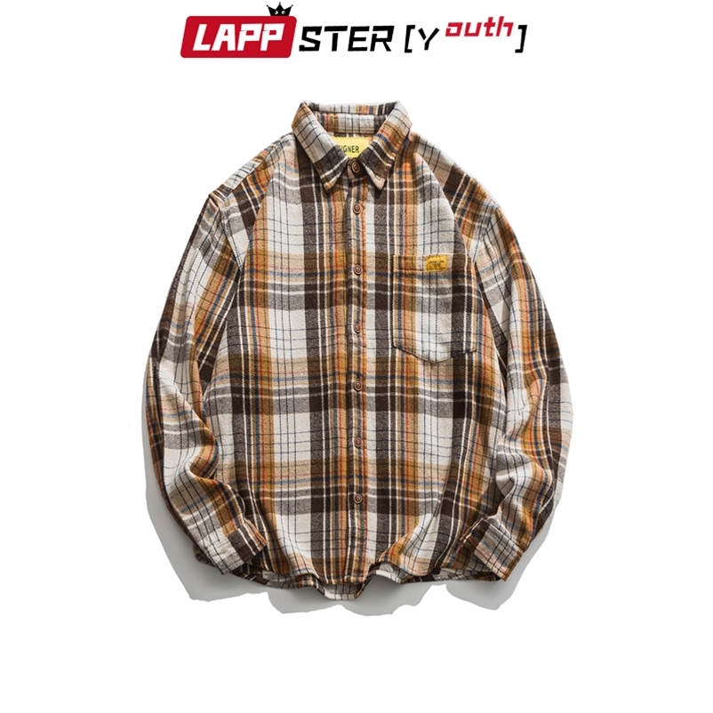 Thick Harajuku Vintage Plaid Shirts Long Sleeve Autumn Male Desginer Kpop Fashions Button Clothing 210420