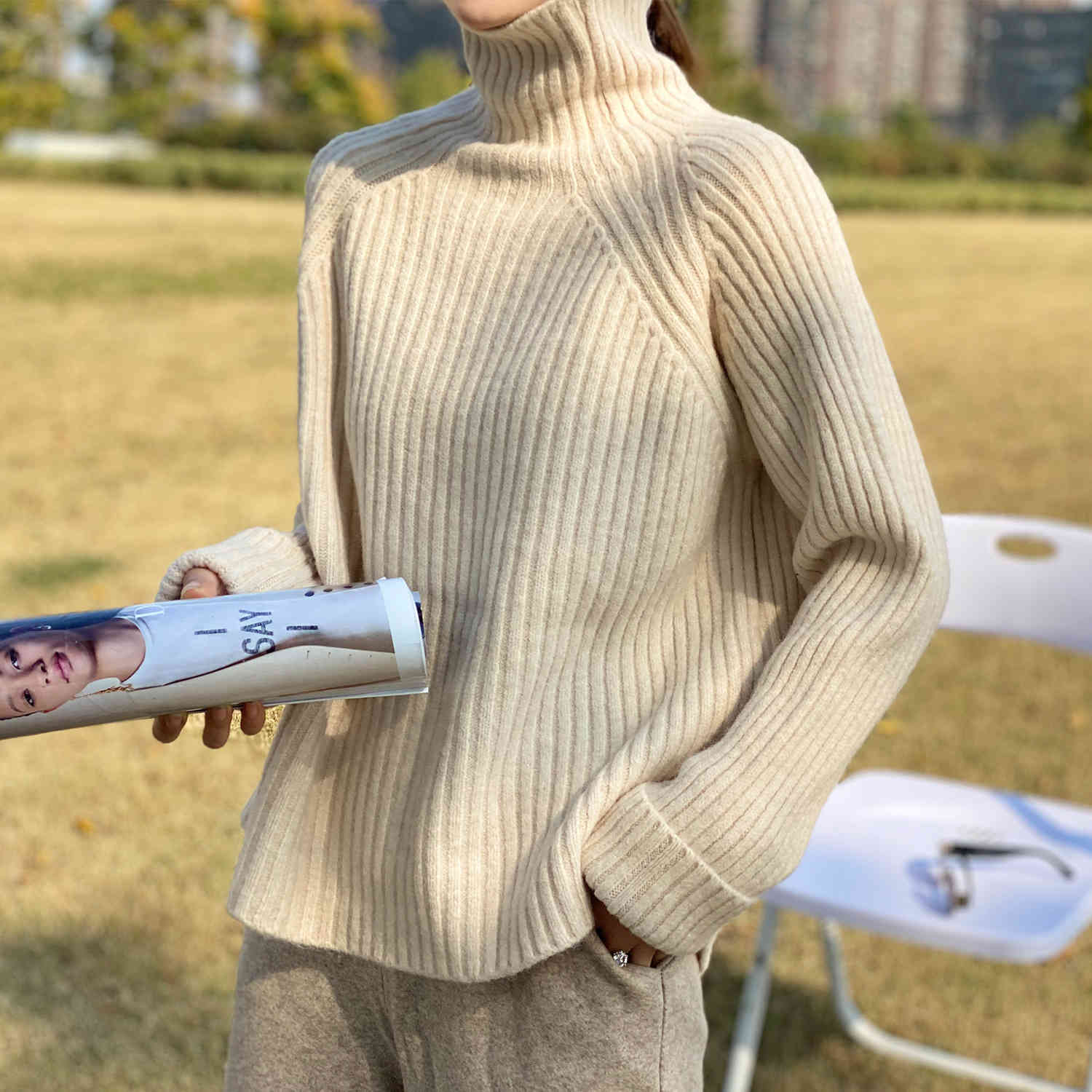 COZOK Thousand Cashmere Yarn Turtleneck Women's Winter Korean Leisure Pit Stripe Knitting Top Women's P862 210521