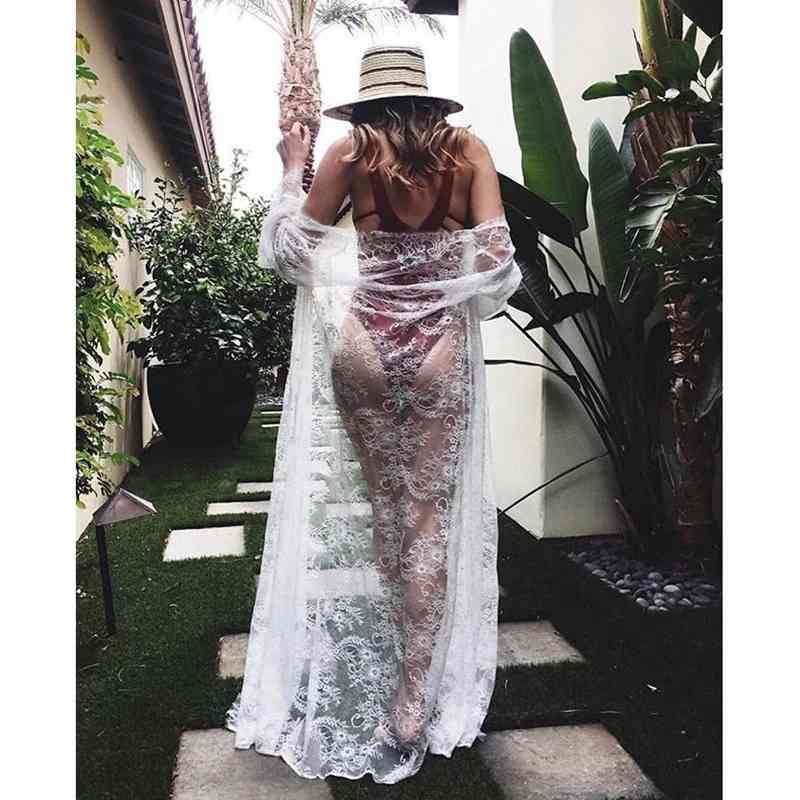 Tunics for beach Long Lace Beach Dress Women Swim Cover up Plus size Saida de Praia Robe Plage Kaftan #Q516 210420