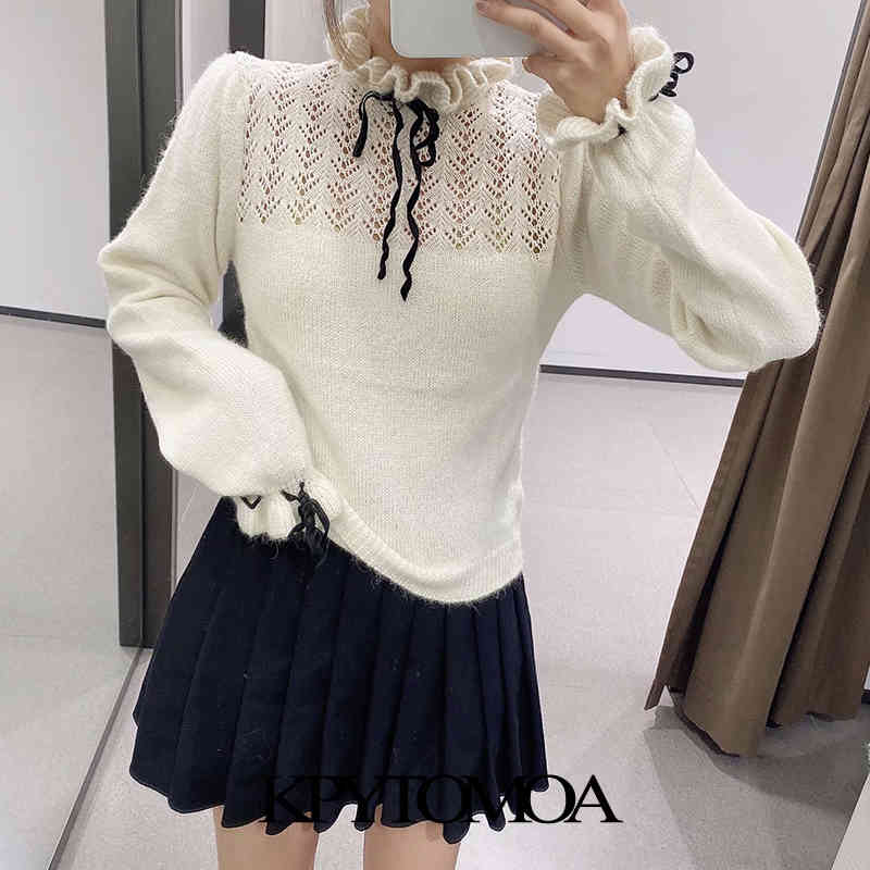 Women Fashion With Bows Hollow Out Knitted Sweater High Neck Long Sleeve Female Pullovers Chic Tops 210420