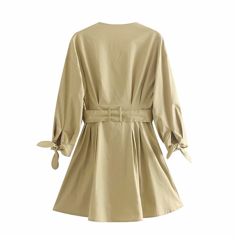 Women Elegant Vintage Pleated Mini Dress With Belt Pockets V Neck Bow Tie Sleeve A-line Party Solid Stylish es 210515