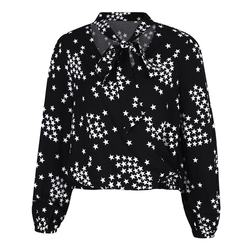 Foridol star print v neck lace up blouse shirt women elegant ladies office white blouse tops autumn winter black blouse 210415