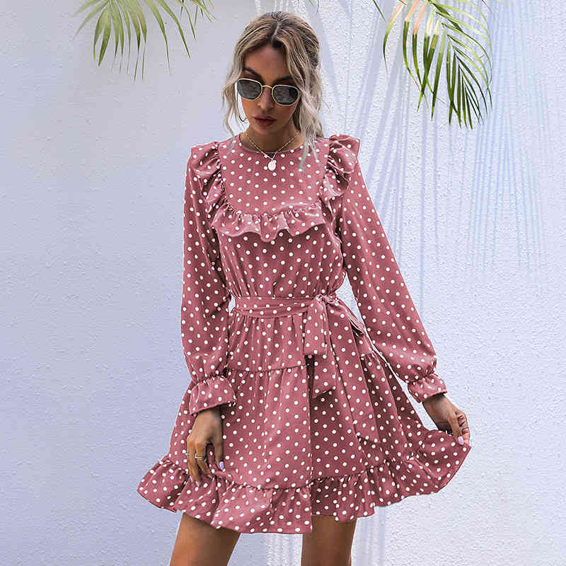 Vintage Dot Print Dress Women Casual O Neck High Waist Slim Ruffles Autumn Winter Dress For Women New Fashion 210415