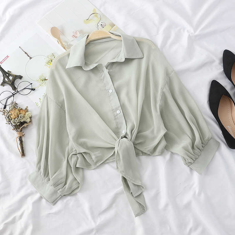 Chiffon Shirts Women Summer Half Sleeve Buttoned Up Shirt Loose Casual Blouse Tied Waist Elegant Blouses For 210607