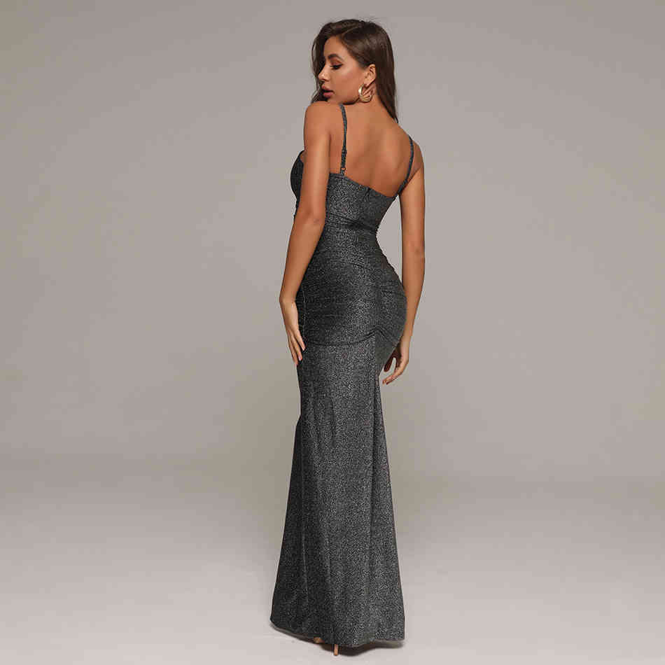 Summer Women Fashion Grey Spaghetti Strap Dress Sexy Sleeveless Hollow Out Celebrity Evening Runway Party Maxi Dresses 210423