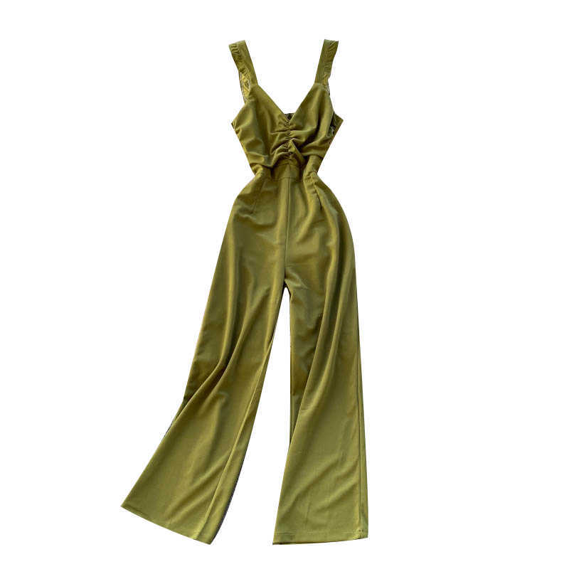 Korea Spring Summer Fashion Jumpsuit Women's V-neck Sleeve Pleated Slimming High-waisted Wide-legged Overalls R231 210527