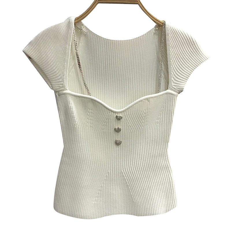 Green Slim Shirts For Women Square Collar Short Sleeve Patchwork Diamond Chain Casual Blouses Female Summer Fashion 210524