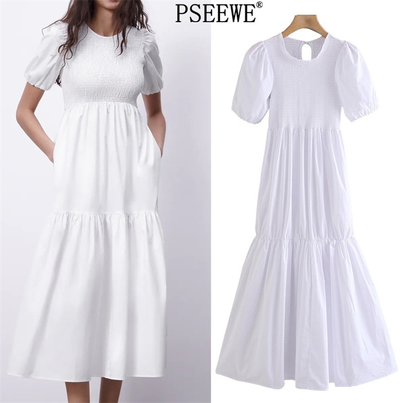 White Long Dresses Summer Woman Casual Elastic Ruched Short Puff Sleeve Women Elegant Ruffle Midi 210519
White Long Dresses Summer Woman Casual Elastic Ruched Short Puff Sleeve Women Elegant Ruffle Midi 210519