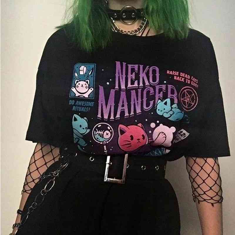 Neko Mancer T-Shirt Unisex Cute Aesthetic Grunge Black Tee Satantic Gothic Clothing Witch Shirt 210406