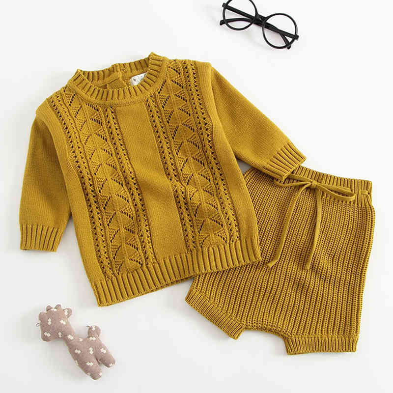 Spring Autumn Infant Baby Boys Girls Knit Long Sleeve Hollow-out Sweater + Shorts Pants Clothing Sets Kids Boy Girl Suit Clothes 210521